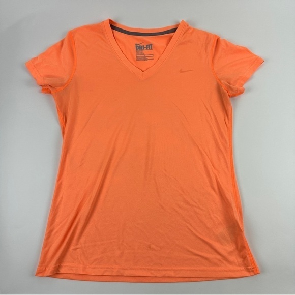 Nike Dri Fit Tshirt Womens Large Regular Fit Orange Vneck Cap Sleeve - Picture 1 of 8